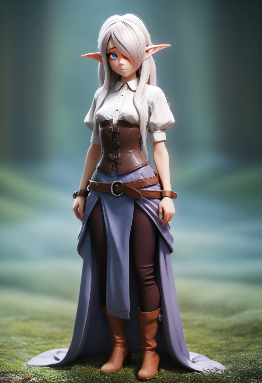 ((Best Quality)), (Masterpiece)), (Details: 1.4), Absurd Resolution, High Resolution, (Masterpiece: 1.4), Ultra Detailed, detailed gnome girl with pale skin, short stature, and very long silver hair that curls at the ends, covering one eye, with small breasts, pouty lips, and bright blue anime-style eyes with long lashes, wearing a corset, white puffy long sleeved shirt, and puffy cloth pants, leather bound boots, set in a windy fantasy landscape, (best quality,4k,8k,highres,masterpiece:1.2),ultra-detailed, dungeons and dragons, long elf ears, small girl, detailed skin and cloth textures, cute detailed face, intricate details, extremely detailed, 1girl, dynamic pose with hair covering one eye, shy personality, cloth pants with leather belt, detailed privateer outfit, detailed buccaneer outfit