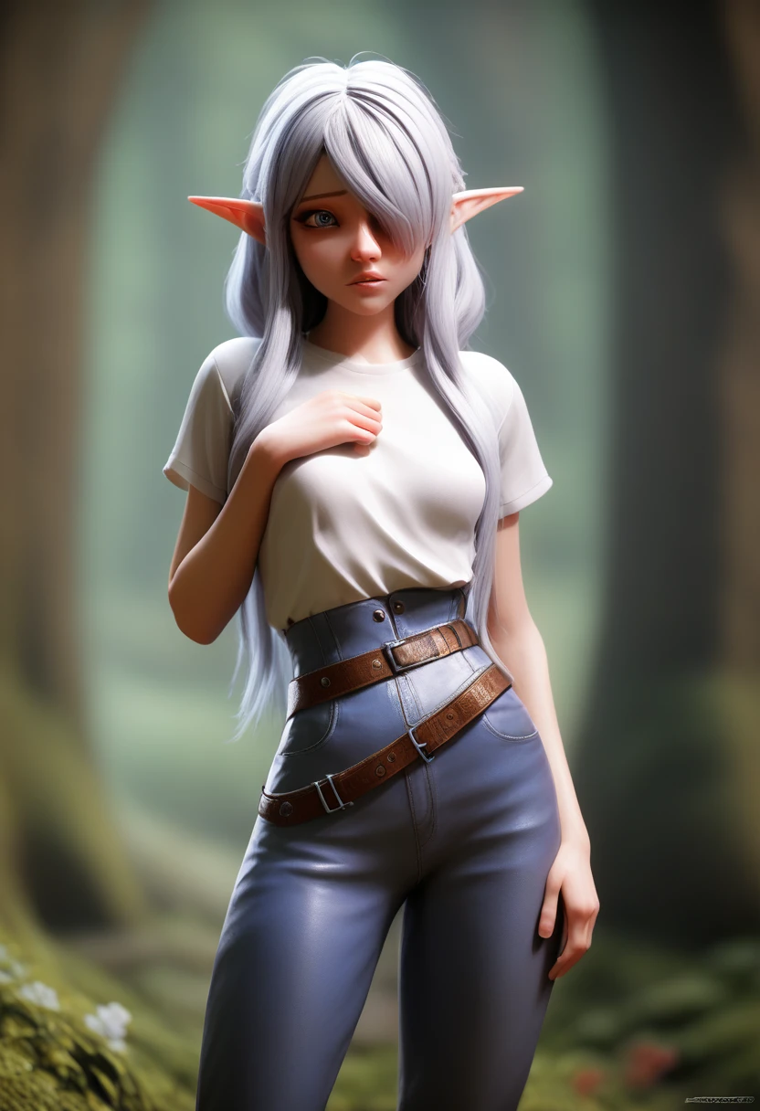 ((Best Quality)), (Masterpiece)), (Details: 1.4), Absurd Resolution, High Resolution, (Masterpiece: 1.4), Ultra Detailed, detailed gnome girl with pale skin, short stature, and very long silver hair that curls at the ends, covering one eye, with small breasts, pouty lips, and bright blue anime-style eyes with long lashes, wearing a corset, white puffy long sleeved shirt, and puffy cloth pants, leather bound boots, set in a windy fantasy landscape, (best quality,4k,8k,highres,masterpiece:1.2),ultra-detailed, dungeons and dragons, long elf ears, small girl, detailed skin and cloth textures, cute detailed face, intricate details, extremely detailed, 1girl, dynamic pose with hair covering one eye, shy personality, cloth pants with leather belt, detailed privateer outfit, detailed buccaneer outfit