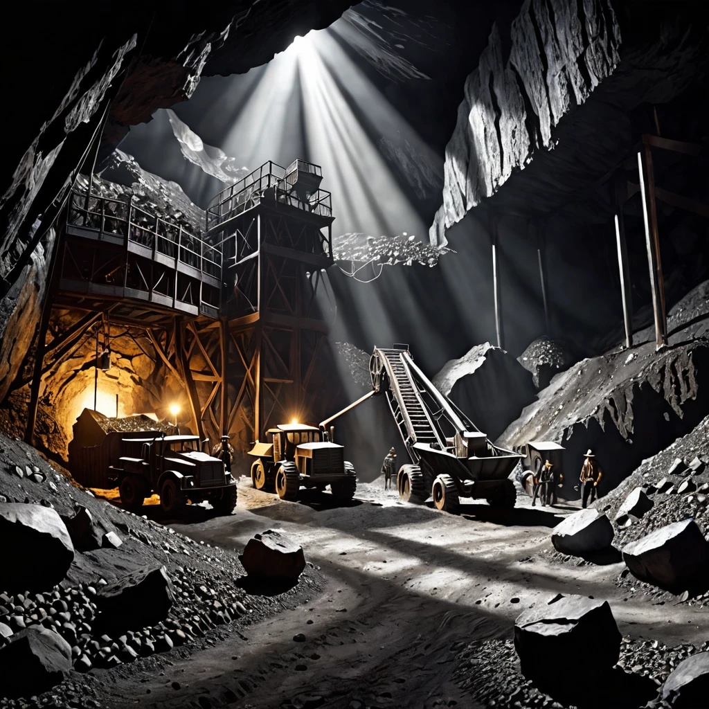 silver mining business, Maximum details, dark fantasy style from the 70s, Vintage. Shadows and spectacular lighting
