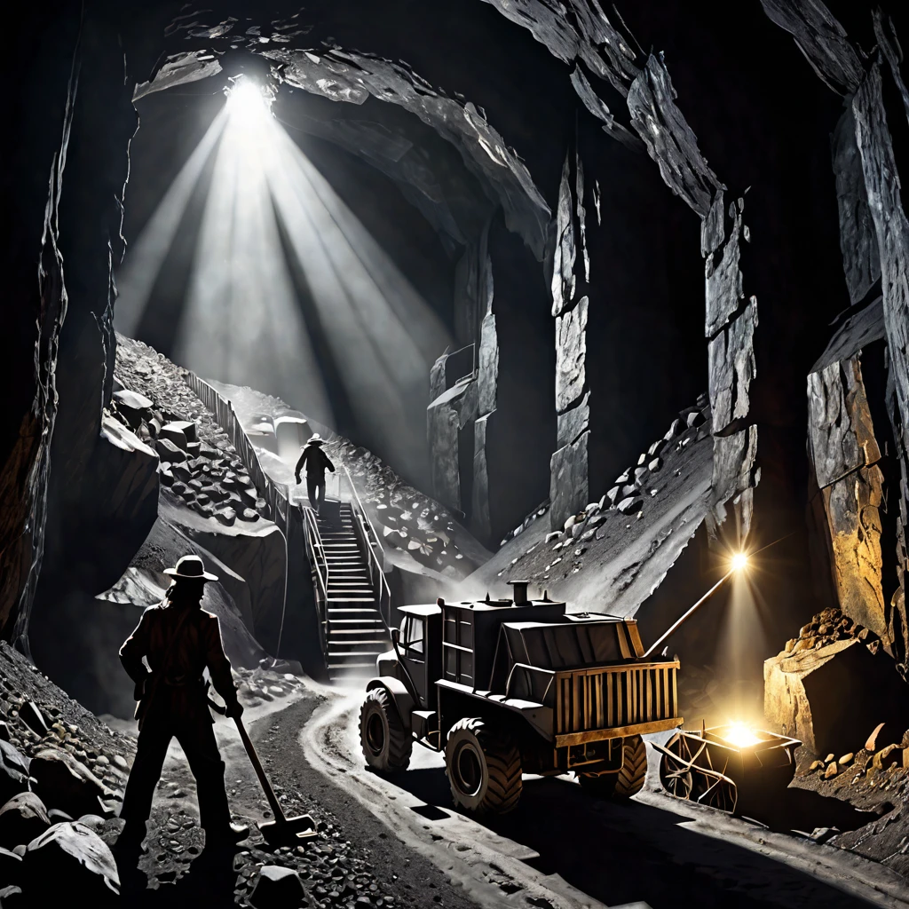 silver mining business, Maximum details, dark fantasy style from the 70s, Vintage. Shadows and spectacular lighting