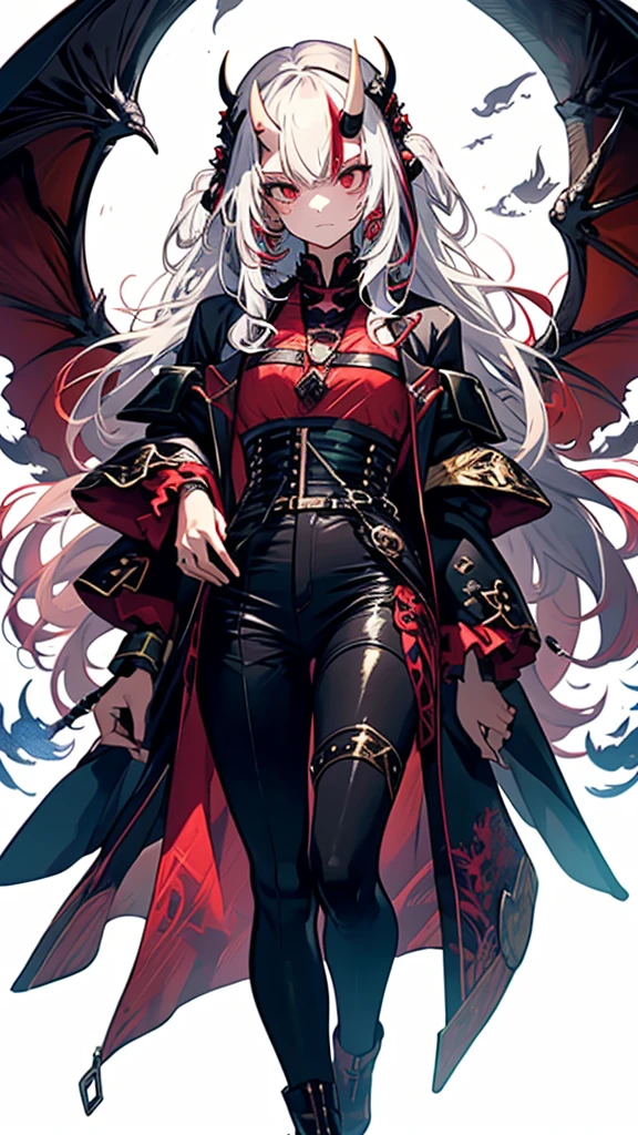 1boy, solo, super fine illustration, an extremely delicate and beautiful, best quality, demon horns, demon wings, youthful, dark and menacing, noble attire, white background, intense gaze, intricate details, otherworldly, fantasy.