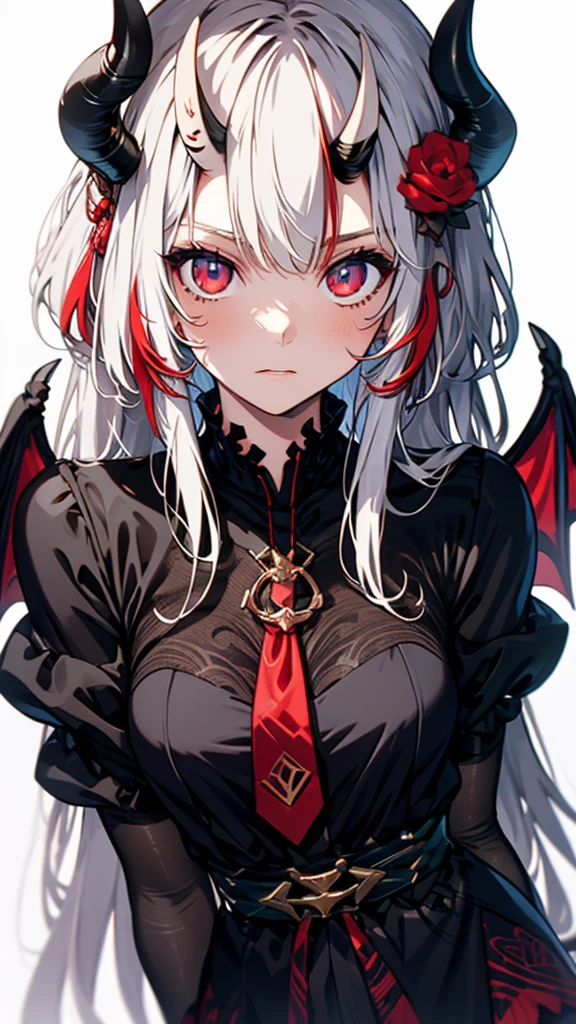 1boy, solo, super fine illustration, an extremely delicate and beautiful, best quality, demon horns, demon wings, youthful, dark and menacing, noble attire, white background, intense gaze, intricate details, otherworldly, fantasy.