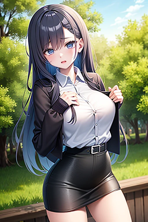 Beautiful tall woman with long black hair wearing a black miniskirt and a short white shirt