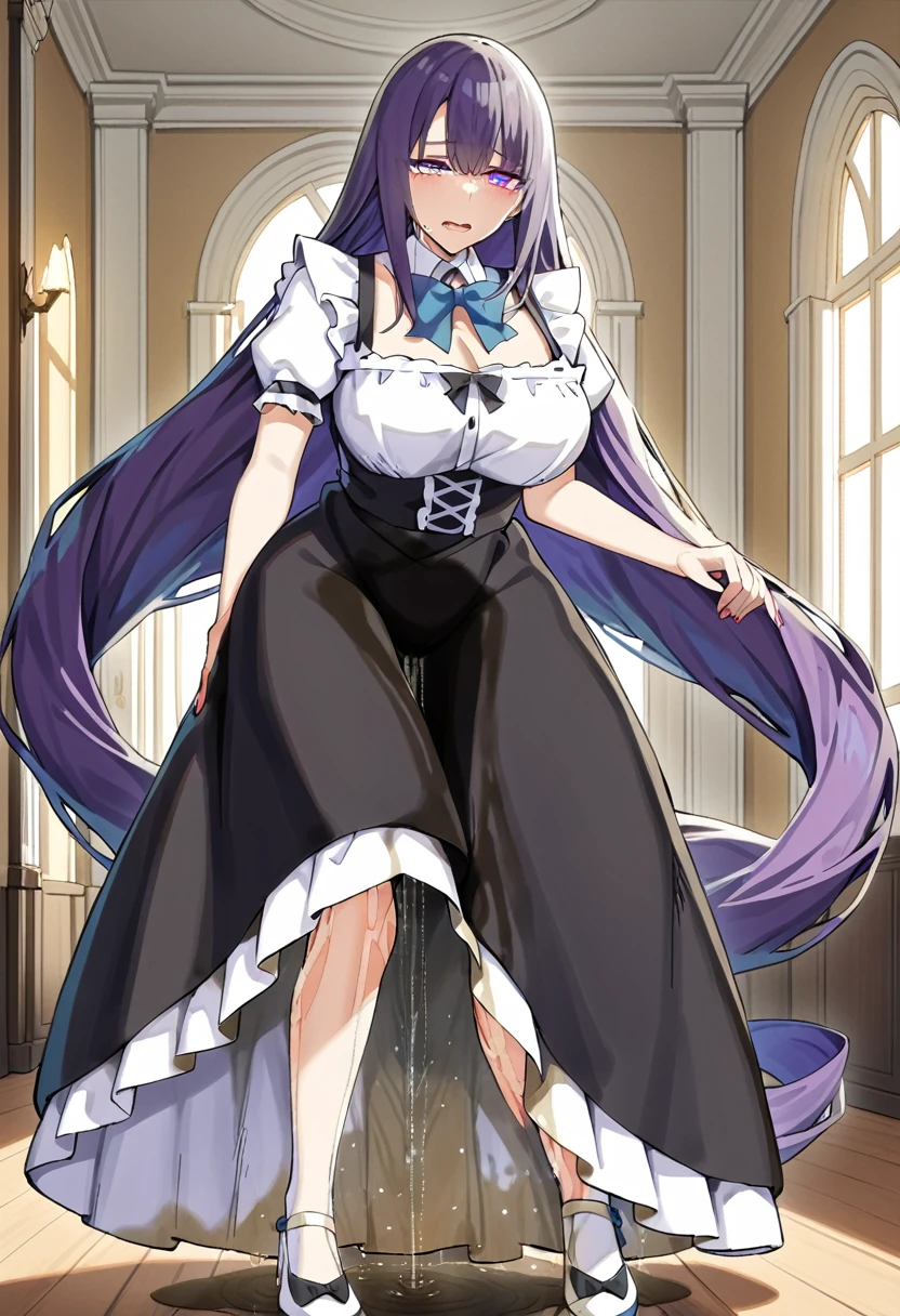 (masterpiece:1.37), best quality, (extremely detailed:1.37), woman, (very long hair:1.5), dark purple hair, purple eyes, (extremely detailed eyes:1.37), maid uniform, (long dress:1.5), desperation, (wetting self:2.0), standing, indoors, fantasy setting, manor, mansion