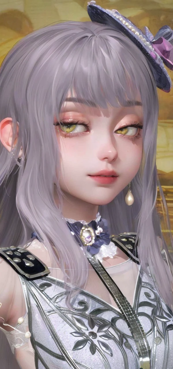 (Top resolution、Distinct_image)top-quality、femele、masterpiece、highly detailed、Semi-realistic、lavender hair , golden eyes、18year old、young、smart Casual clothing、Exquisite facial features、Facial features、unique hairstyle, variations, potrait, 4k background