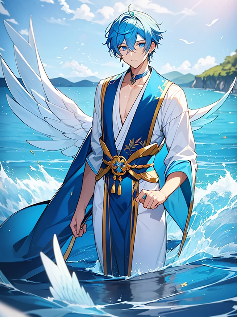 A young man with blue hair, piercing blue eyes, and blue bird wings, clear Japanese dress, blue and gold Standing and pouring into the sea ถือพัดสีดำ