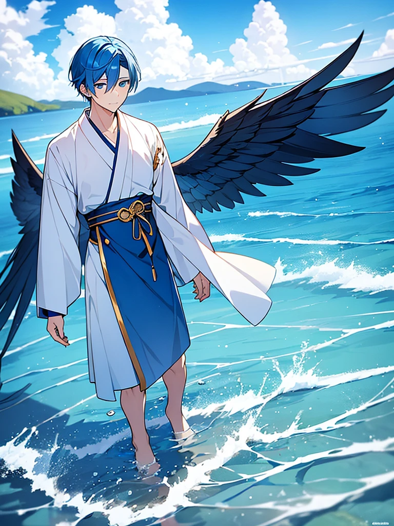 A young man with blue hair, piercing blue eyes, and blue bird wings, clear Japanese dress, blue and gold Standing and pouring into the sea ถือพัดสีดำ
