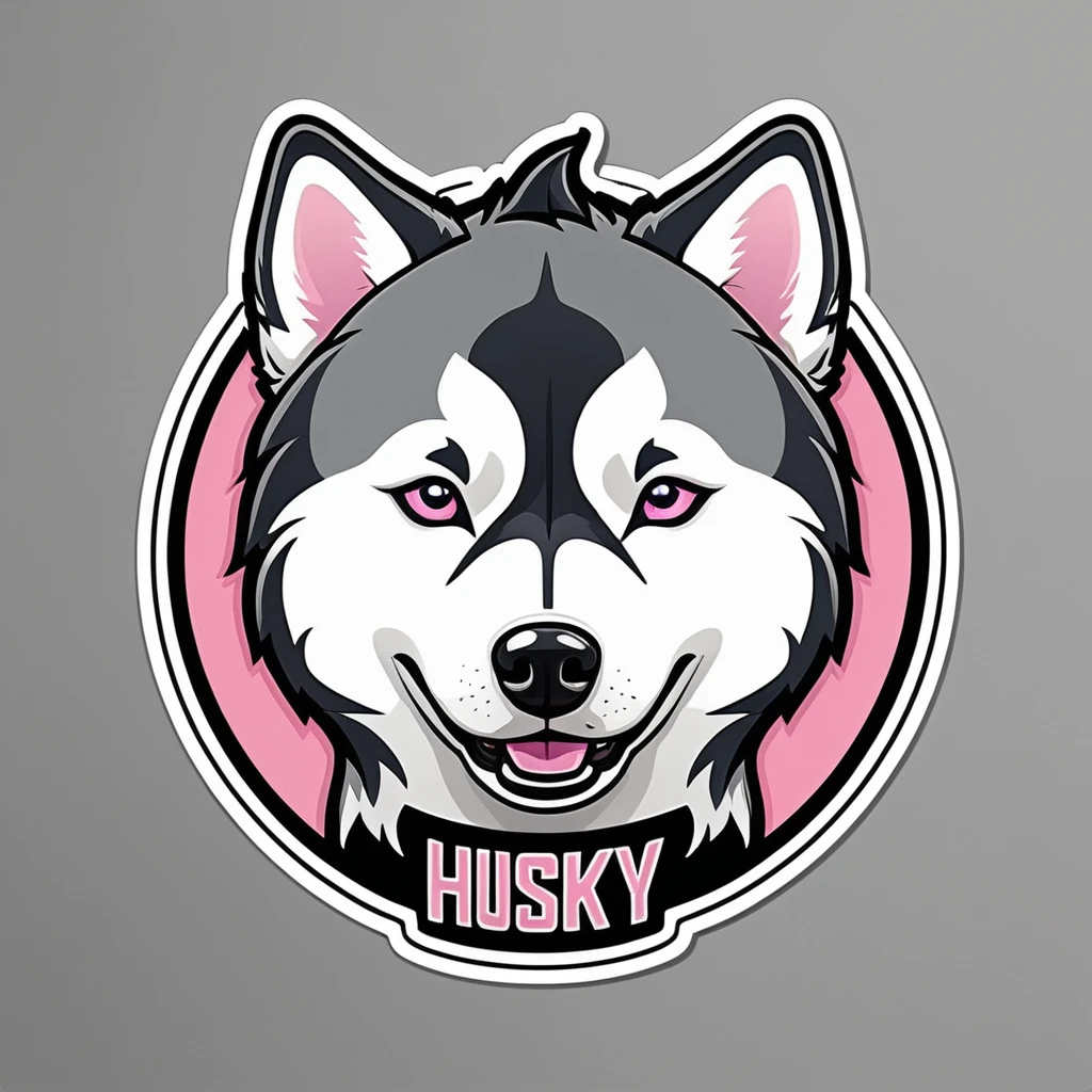 Logo design, cartoon husky, husky sticker, A high resolution, high detail, cartoon style, color gray and pink