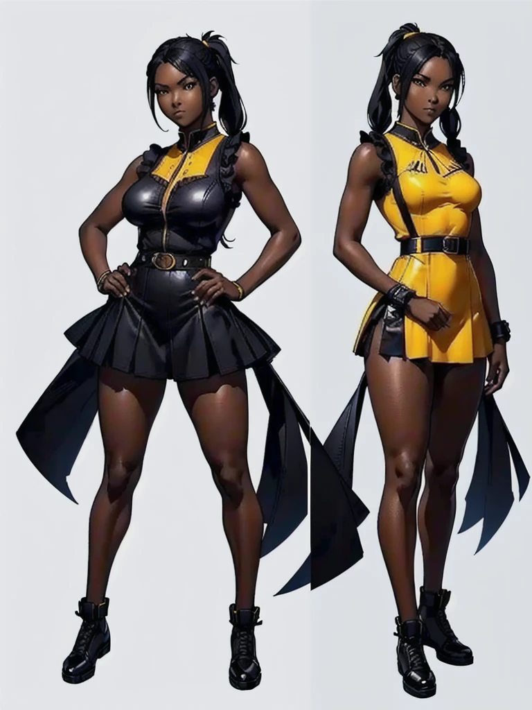 ((best quality)), ((4k)), ((highres)), ((masterpiece:1.2)). ((detailed)), ((ultra realistic)), ((intricate details)), ((full body picture)), ((character design sheet)), ((blank background)), ((standing in a blank background)), full body shot of a beautiful black female, ebony beauty, woman, 18 years old girl, dark brown skin, about 5'5 ft. tall, smirk on her face, ((smirking)), long curly black hair, ((long curly hair)), long hair, high pigtails, (((high pigtails)), dressed in a yellow sleeveless babydoll dress, ((EMPHASIS ON HER YELLOW SLEEVELESS BABYDOLL DRESS)), black leather belt on her waist, bare legs, yellow school girl HIGH SOCKS AND school girl BLACK SHOES, fighting game character design, tekken character design, the king of fighters character concept art, character concept art, full body, 18 years old female fighter, girly girl, cute girl, girly fighter character concept art