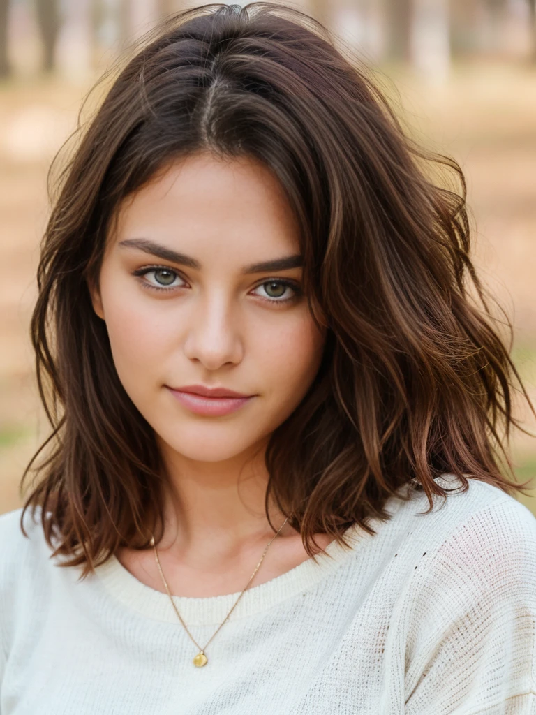 beautiful brunette wearing white shirt and light beige sweater, jeans (half length), Very detailed, 21 years old, natural wavy hair, with hand covering her face, high resolution, Artwork, best quality, Intricate details, highly detailed, sharp focus, detailed skin, realistic skin texture, texture, detailed eyes, professional, 4K, Charming smile, Shot on Canon, 85 mm, Shallow depth of field, kodak vision color, perfect fit to the body, extremely detailed, photo_ \(ultra\), photorealistic, realistic, Post-processing, maximum detail, roughness, Real life, ultra realistic, photorealism, photography, 8k hd, photography.
