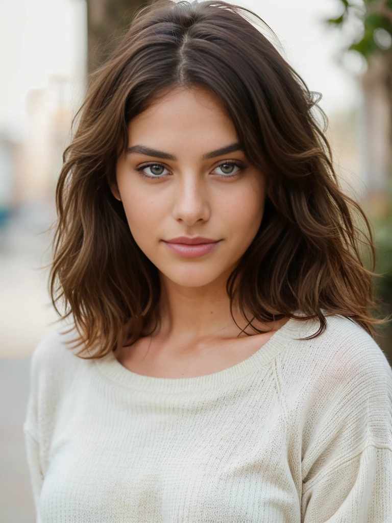 beautiful brunette wearing white shirt and light beige sweater, jeans (half length), Very detailed, 21 years old, natural wavy hair, with hand covering her face, high resolution, Artwork, best quality, Intricate details, highly detailed, sharp focus, detailed skin, realistic skin texture, texture, detailed eyes, professional, 4K, Charming smile, Shot on Canon, 85 mm, Shallow depth of field, kodak vision color, perfect fit to the body, extremely detailed, photo_ \(ultra\), photorealistic, realistic, Post-processing, maximum detail, roughness, Real life, ultra realistic, photorealism, photography, 8k hd, photography.