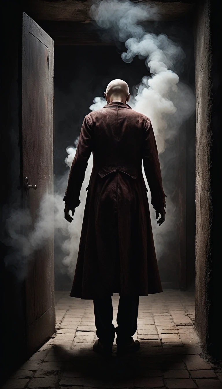 "Image of the crooked man without a hat, bald disappearing with his back turned through a wall that opens like smoke, with the still in his arms. The atmosphere is otherworldly and spooky. Dark scene.
Ultra realistic image.