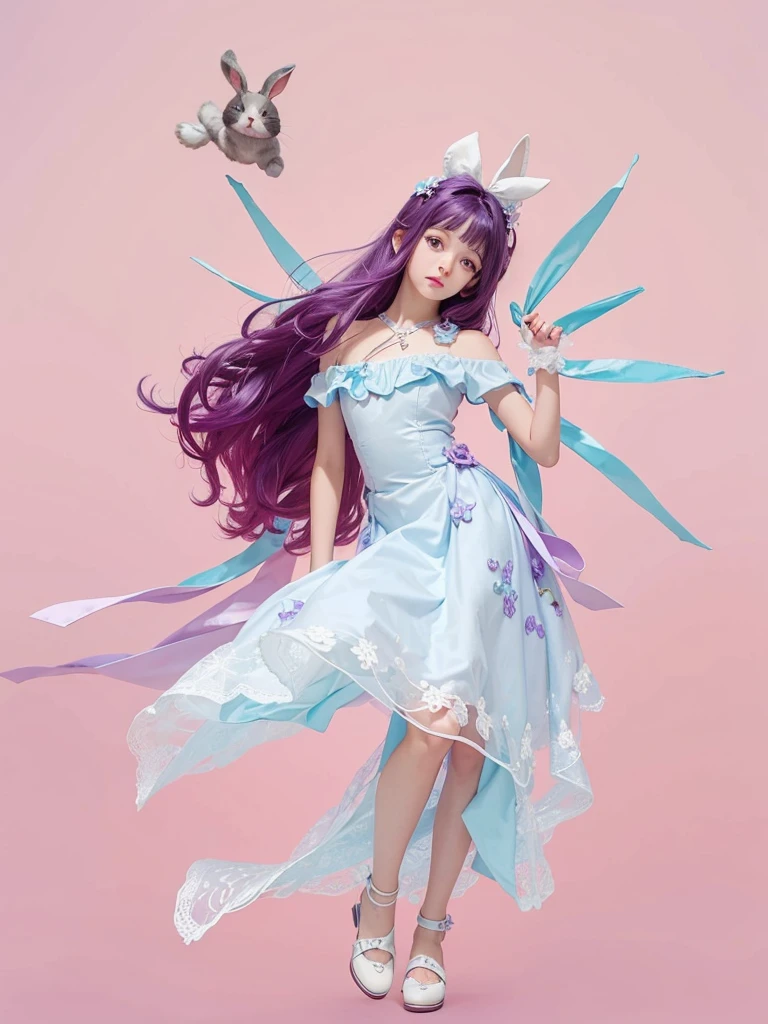 A very cute 12 year old , de corpo inteiro, with loose purple hair, with a bunny floating by the side, with light blue dress.
