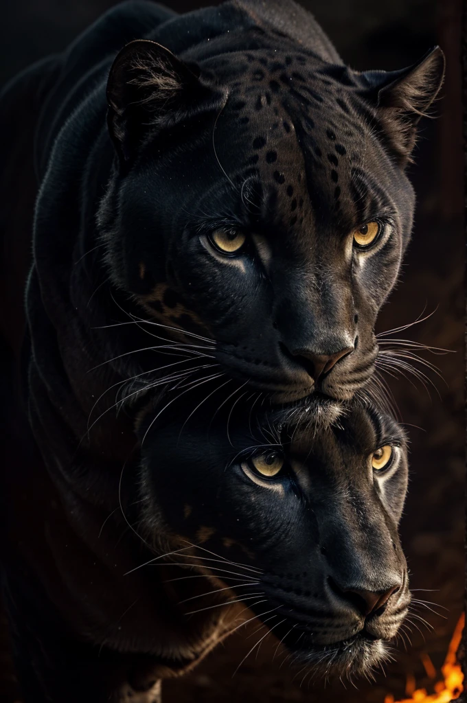 "A black jaguar with some visible wounds, but with a determined and fierce expression, showing your willingness to move forward. Her eyes are of an intense red, shining in the darkness. The background is dark, adding a mysterious and gloomy air to the scene."