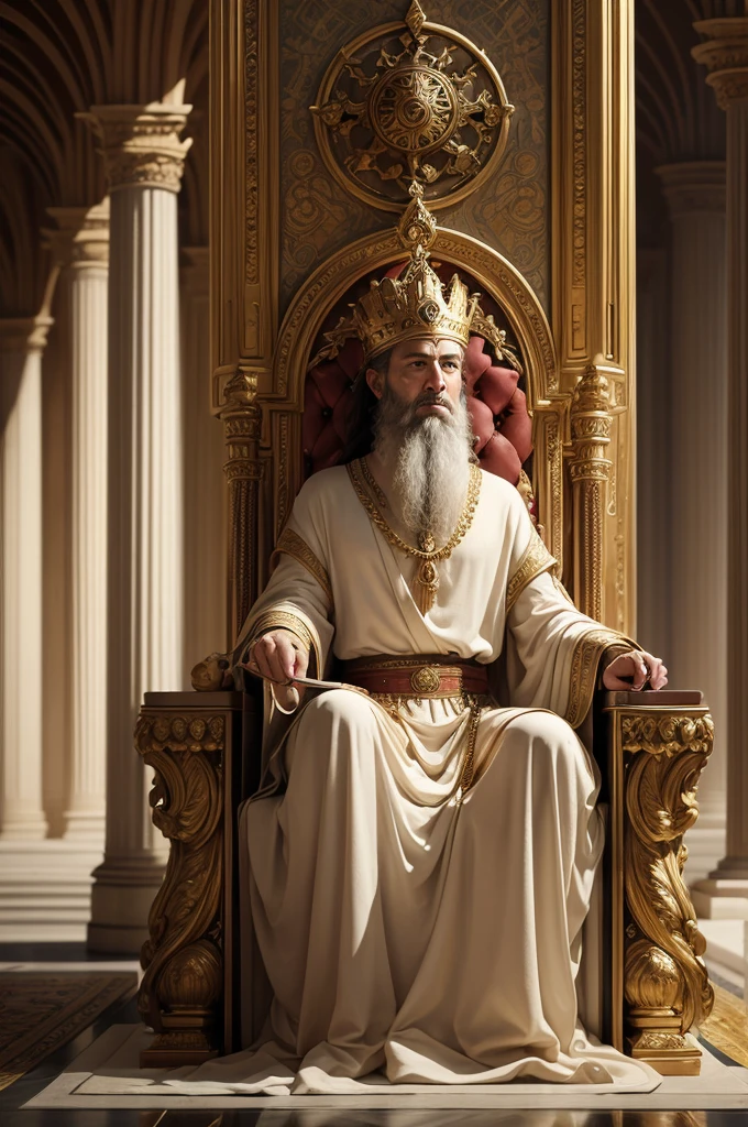 realistic digital art of a scene from the book of Chronicles, showing King David sitting on his throne, with a look of wisdom and serenity, wearing richly detailed royal clothing, holding a scepter and a sacred scroll, surrounded by counselors and scribes, in a majestic palace hall with marble columns and detailed tapestries, soft and golden lighting, sharp focus, Depth of field, Intricate, highly detailed style, historic setting with authentic biblical elements, 4K, 8K