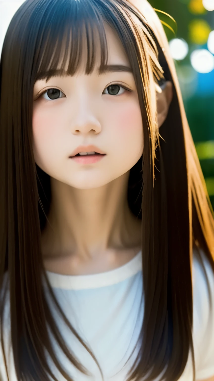(masterpiece, Highest quality:1.2), Japanese、One Girl, , cute, Expressionless, alone, Small Nose, Small red cheeks and nose, 非常にcute表情, Short Bob,Wavy Hair、 Flat Chest、whiteTshirt、Blurred Background、garden、Promenade、Flower Field