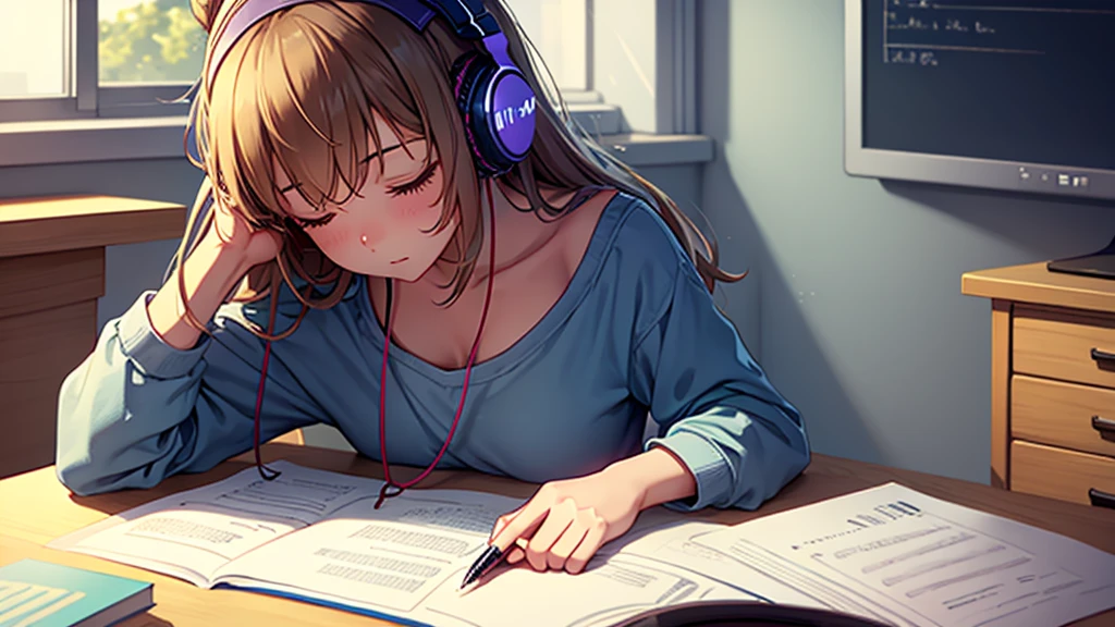 A beautiful girl wearing headphones falls asleep while sitting at her desk night room faint light Cup Note pen perfect, lofi