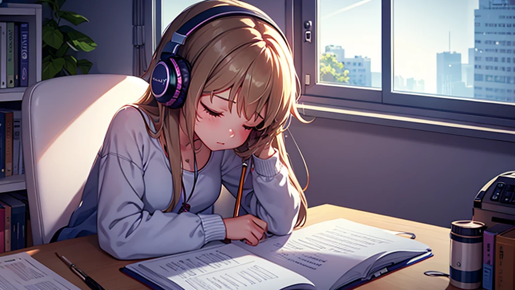 A beautiful girl wearing headphones falls asleep while sitting at her desk　night room　faint light　Cup　Note　pen　perfect, lofi