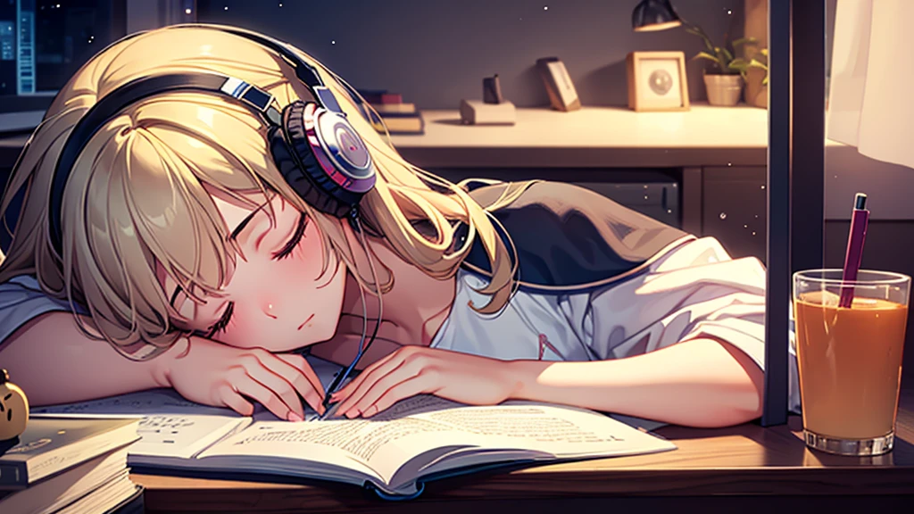 A beautiful girl wearing headphones falls asleep while sitting at her desk　night room　faint light　Cup　Note　pen　perfect, lofi