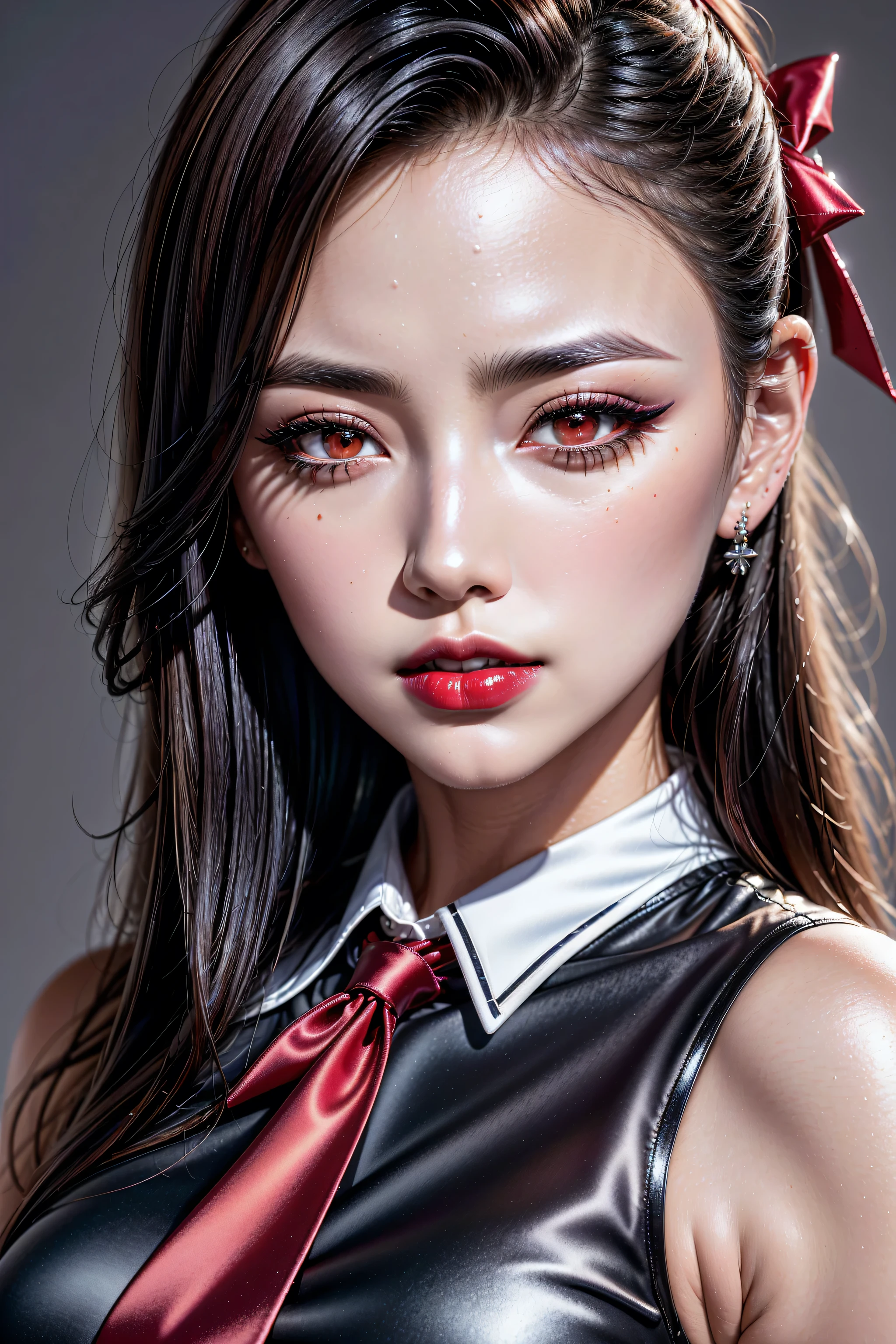 ((absurd quality,high-res,masterpiece, realism,photorealistic), extremely detailed): portrait of a 23 years old female beautiful ((business executive)), ultra detailed face, ultra detailed eyes, ultra realistic skin, (textured skin, skin pores, half body shot:1.1), tan skin, long black hair, hair over one eye, brown eyes, thin eyebrows, perfect teeth, red lipstick, seductive makeup, ((Armani satin business shirt:1.2)), (White collared blouse shirt)),(wearing red tie:1.4),small head:1.4,(ornament red ribbon on head:1.35), 16k, Leica SL2 + Leica Vario-Elmarit-SL 24-70 f/2.8 ASPH, sharp ,natural lighting, a corporate photography