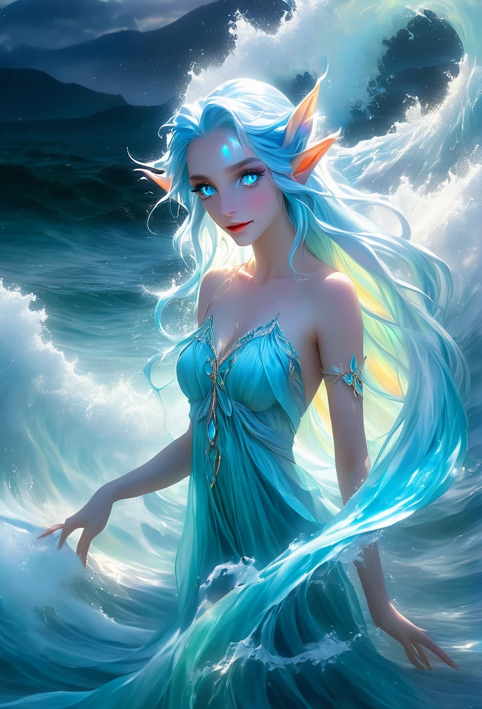 The extreme beautiful young water genasi of water, (((light blue skin))), elf ears, colorful mystic light, water glow eyes, long wavy blue hair, UHD, by Aleksi Briclot and Alessio Albi and Emilia Rodriguez and Adela Weiss, blushing, innocent looking, standing in swirling waves of water,