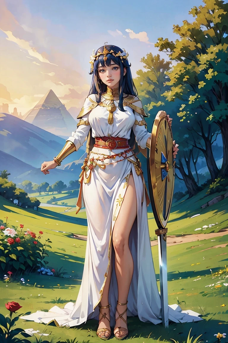 goddess, Egypt, Beautiful woman, Stand sideways., ((bend a little.)), White clothes, The crown is made of flowers., The belt is made of roses., golden sky, Blue mountain, Green Grass、With a sword and shield