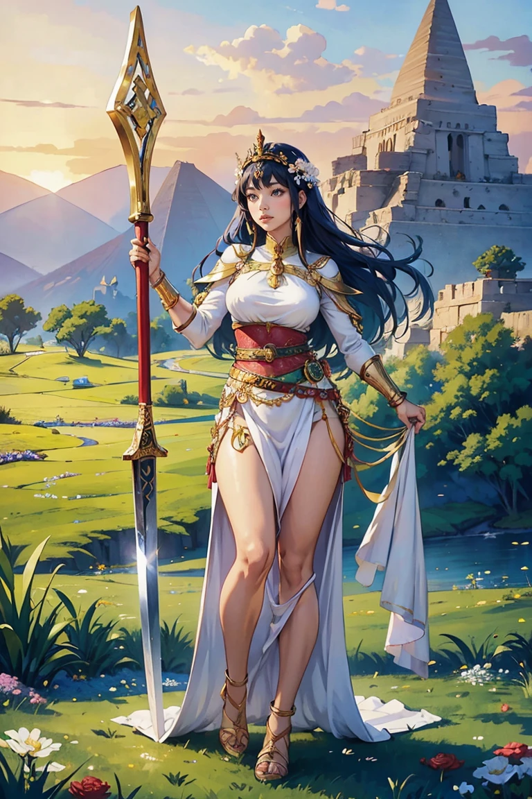 goddess, Egypt, Beautiful woman, Stand sideways., ((bend a little.)), White clothes, The crown is made of flowers., The belt is made of roses., golden sky, Blue mountain, Green Grass、With a sword and shield