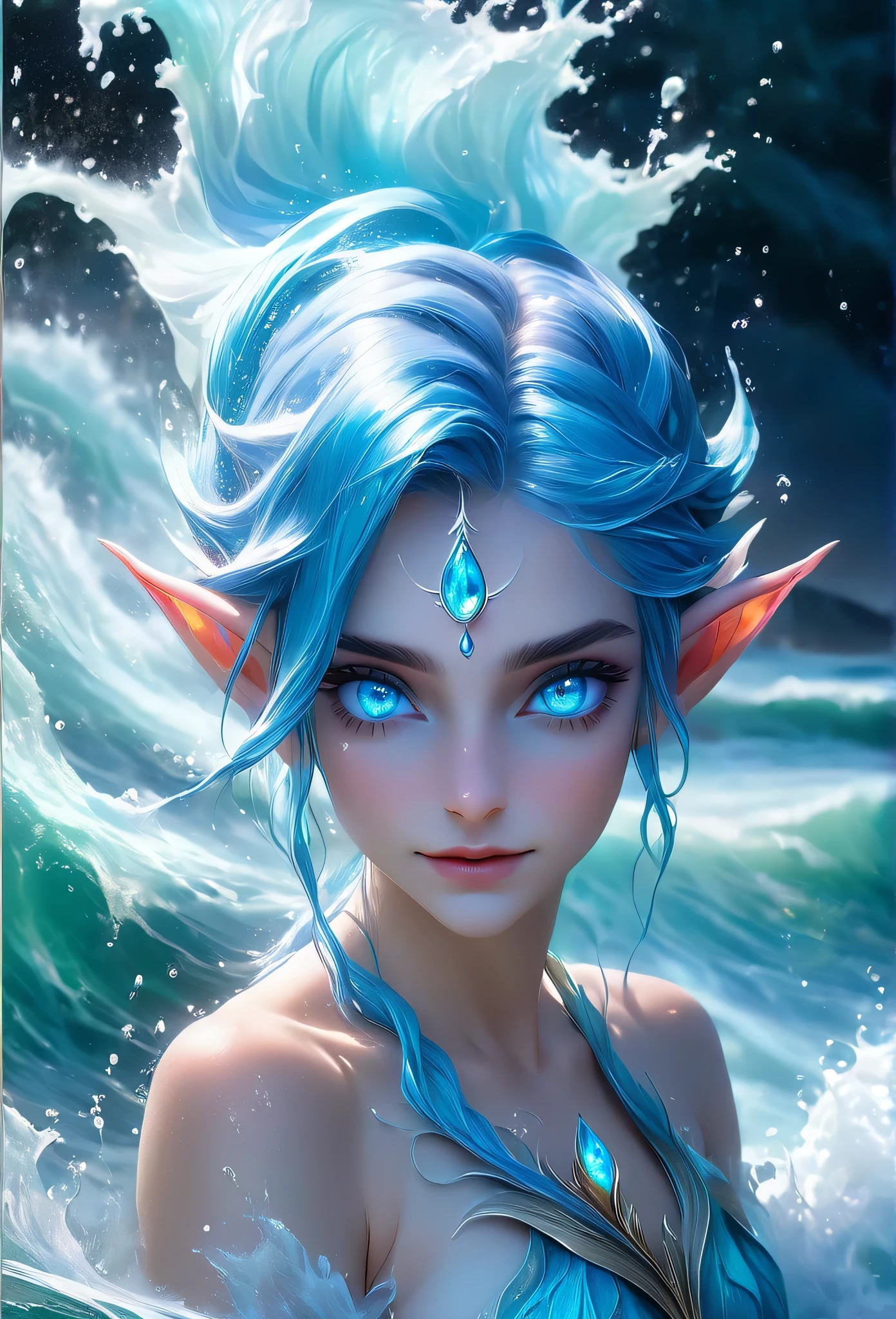 The extreme beautiful young water genasi of water, light blue skin, elf ears, colorful mystic light, water glow eyes, blue hair, UHD, by Aleksi Briclot and Alessio Albi and Emilia Rodriguez and Adela Weiss, blushing, innocent looking, standing in swirling waves of water,
