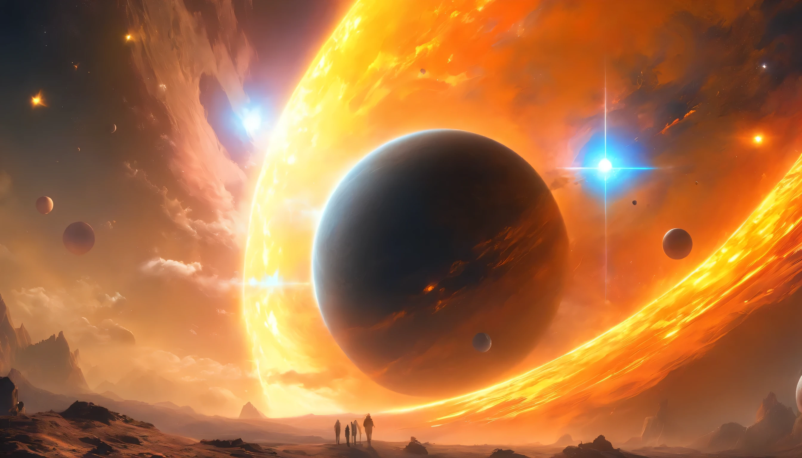 11 Planets, including the Sun and the Moon, cast a dark umbra on Earth, depicting the path of totality. The Sun, in radiant oranges and yellows, forms a stunning corona effect around the Moon, all aligned casting a fading black hole sun halo in the space, orbit space vfx, exosphere, cosmic, astral, quantic, cold and warm,energy-filled epic science fiction film concept digital art by maciej kuciara and vincent di fate,1998 NASA photo, hasselblad electric camera 70mm film, skylab flashlight photography, in the style of Interstellar by Christopher Nolan