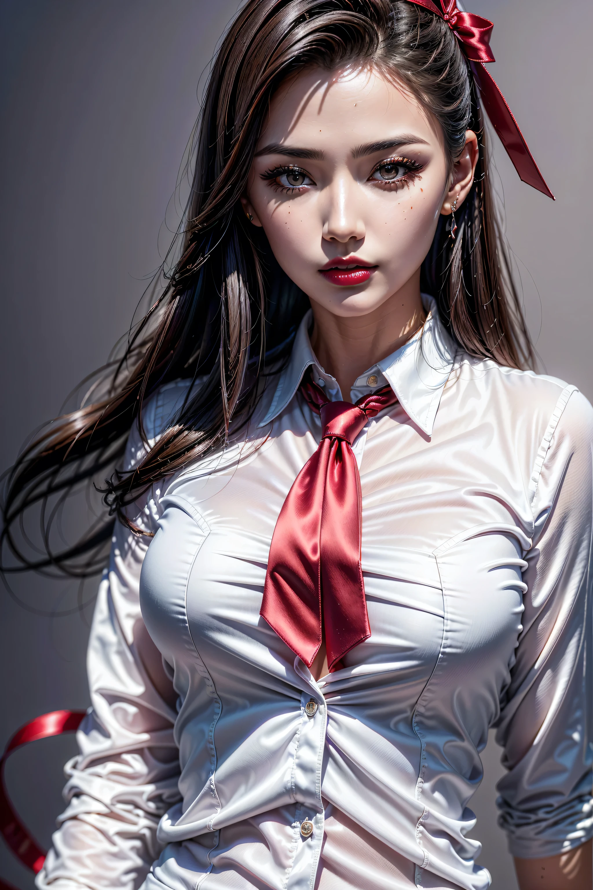 ((absurd quality,high-res,masterpiece, realism,photorealistic), extremely detailed): portrait of a 23 years old female beautiful ((business executive)), ultra detailed face, ultra detailed eyes, ultra realistic skin, (textured skin, skin pores, half body shot:1.1), tan skin, long black hair, hair over one eye, brown eyes, thin eyebrows, perfect teeth, red lipstick, seductive makeup, ((Armani satin business shirt:1.2)), (White collared blouse shirt)),(wearing red tie:1.4),small head:1.4,(ornament red ribbon on head:1.35), 16k, sharp ,natural lighting, a corporate photography