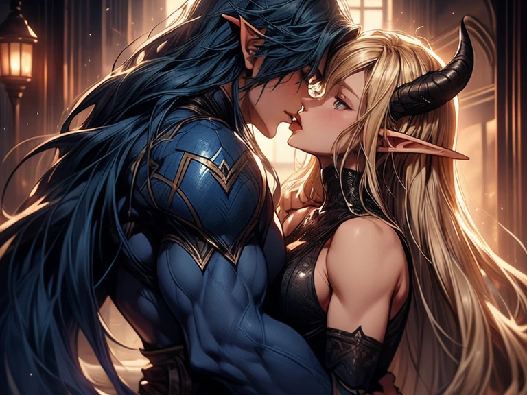 (female blonde elf and male dark blue haired elf) (male elf with big muscles and long dark blue hair) a tall long haired male elf with dark blue long hair and big muscles and demon horns kisses a female blonde elf, tongue kiss, lovers, intense kiss 