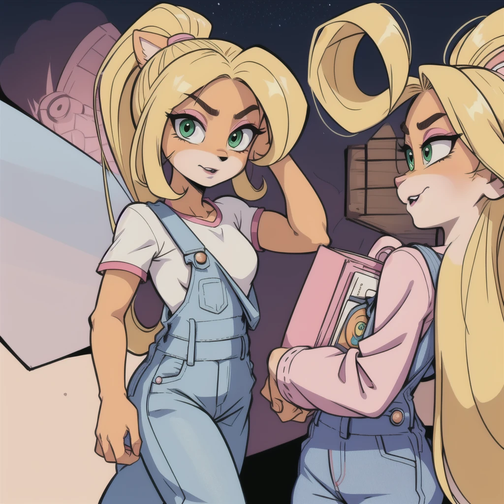  Coco Bandicoot, female, furry, animal ears, orange fur, blonde hair, green eyes, pink eyeshadow, ponytail, long hair,masterpiece, beautiful, white shirt, overalls, goggles on head, ponytail, white shirt short sleeves,  pink sleeves, denim overalls pants, Four-star dragon ball in the left hand, city, curious,dragon ball, grabbing dragon ball, green eyes, small size, ,green eyes, small size, , made up