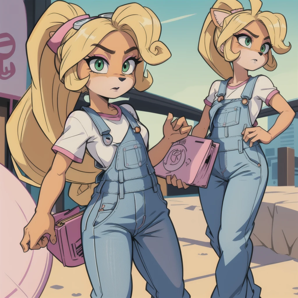  Coco Bandicoot, female, furry, animal ears, orange fur, blonde hair, green eyes, pink eyeshadow, ponytail, long hair,masterpiece, beautiful, white shirt, overalls, goggles on head, ponytail, white shirt short sleeves,  pink sleeves, denim overalls pants, Four-star dragon ball in the left hand, city, curious,dragon ball, grabbing dragon ball, green eyes, small size, ,green eyes, small size, , made up