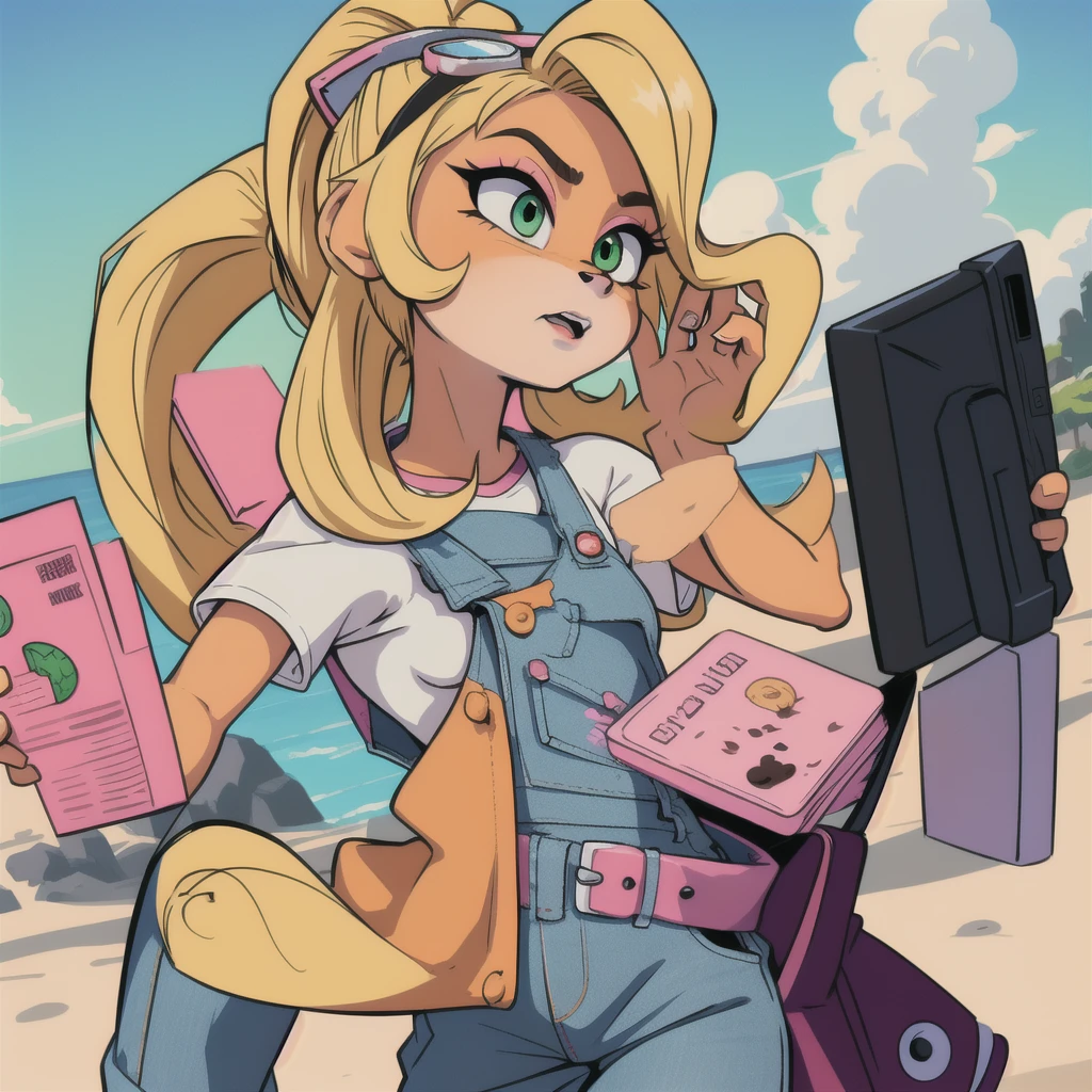  Coco Bandicoot, female, furry, animal ears, orange fur, blonde hair, green eyes, pink eyeshadow, ponytail, long hair,masterpiece, beautiful, white shirt, overalls, goggles on head, ponytail, white shirt short sleeves,  pink sleeves, denim overalls pants, Four-star dragon ball in the left hand, city, curious,dragon ball, grabbing dragon ball, green eyes, small size, ,green eyes, small size, , made up