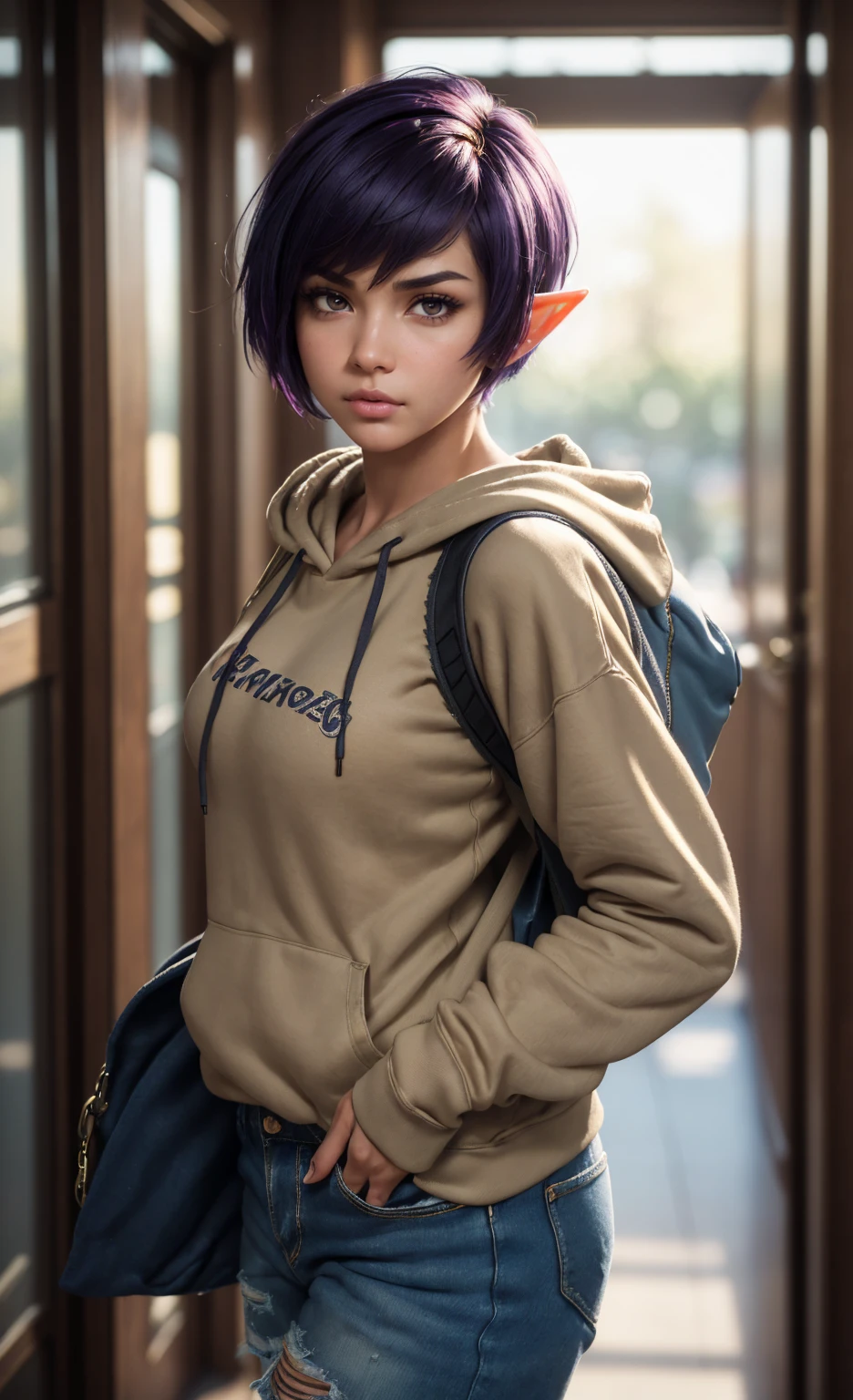 (masterpiece), (extremely intricate:1.3), (realistic), portrait of a girl, huge and perfect breasts, the most beautiful in the world, dark eyebrows, bright purple hair, (short and messy pixie cut:1.2), almond eyes, scowl, (annoyed pout:1.2), blushing heavily, (oversized baggy cosy hoodie), (ripped baggy jeans), (canvas sneakers), (backpack), (elf ears:1.1), tanned, detailed textures, indoors, bright sunlight, classroom hallway, professional photograph of a stunning woman detailed, looking at the camera, alluring stare, detailed eyes, sharp focus, dramatic, award winning, cinematic lighting, octane render  unreal engine,  volumetrics dtx, (film grain, blurry background, blurry foreground, bokeh, depth of field, motion blur:1.3)