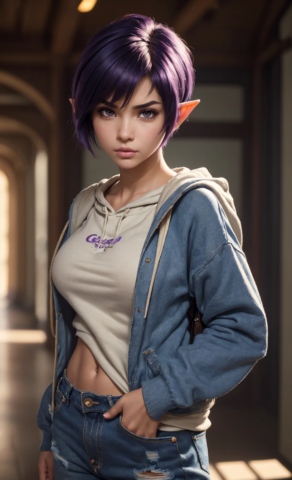 (masterpiece), (extremely intricate:1.3), (realistic), portrait of a girl, huge and perfect breasts, the most beautiful in the world, dark eyebrows, bright purple hair, (short and messy pixie cut:1.2), almond eyes, scowl, (annoyed pout:1.2), blushing heavily, (oversized baggy cosy hoodie), (ripped baggy jeans), (canvas sneakers), (backpack), (elf ears:1.1), tanned, detailed textures, indoors, bright sunlight, classroom hallway, professional photograph of a stunning woman detailed, looking at the camera, alluring stare, detailed eyes, sharp focus, dramatic, award winning, cinematic lighting, octane render  unreal engine,  volumetrics dtx, (film grain, blurry background, blurry foreground, bokeh, depth of field, motion blur:1.3)