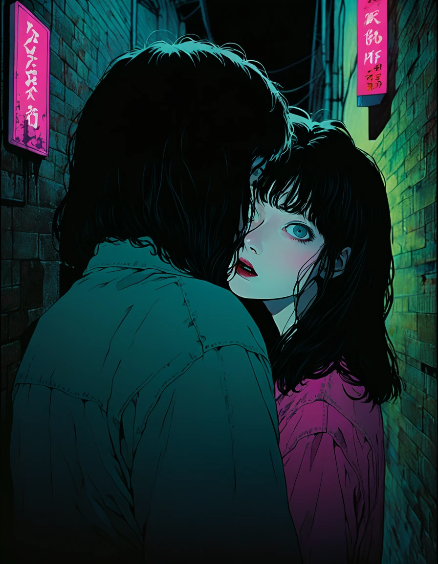 illust、art、from 80s horror movie, directed by Junji Ito、darkness、Young Man, Alley、nightmare、anxiety、high detail, realsitic shadow、Analog style, vhs style, 8mm film, chromatic aberration, Dvd screengrab、Surrealism