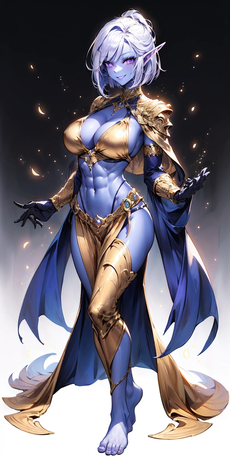 ((plain background:1.2, 1sologirl)) full body standing barefoot hands on waist navel, very purple skin, drow, elf, Madura, Detailed happy face, purple eyes, white hair bob style, gold bikini, well defined six pack abs, Large knockers, golden gloves