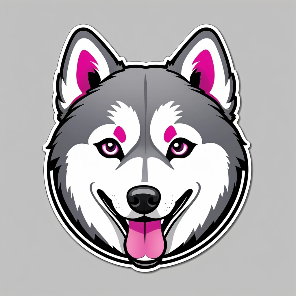 Logo design, text PRINTYTAILS, cartoon husky, husky sticker, A high resolution, high detail, cartoon style, color gray and pink