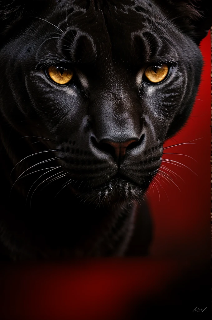 "A black jaguar with some visible wounds, but with a determined and fierce expression, showing your willingness to move forward. Her eyes are of an intense red, shining in the darkness. The background is dark, adding a mysterious and gloomy air to the scene. Please improve it a little more