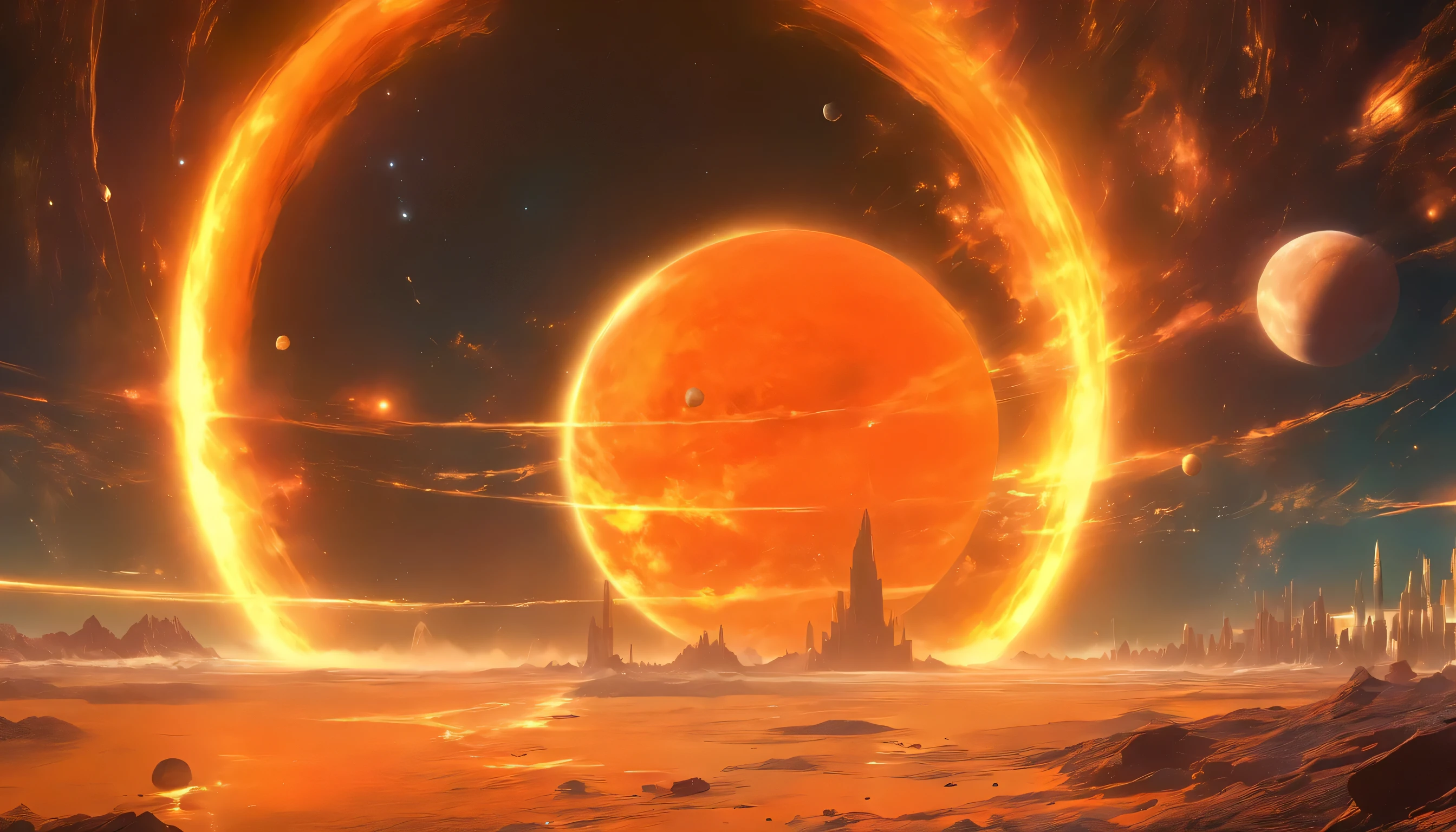 11 Planets, including the Sun and the Moon, cast a dark umbra on Earth, depicting the path of totality. The Sun, in radiant oranges and yellows, forms a stunning corona effect around the Moon, all aligned casting a fading black hole sun halo in the space, orbit space vfx, exosphere, cosmic, astral, quantic, cold and warm,energy-filled epic science fiction film concept digital art by maciej kuciara and vincent di fate,1998 NASA photo, hasselblad electric camera 70mm film, skylab flashlight photography, in the style of Interstellar by Christopher Nolan