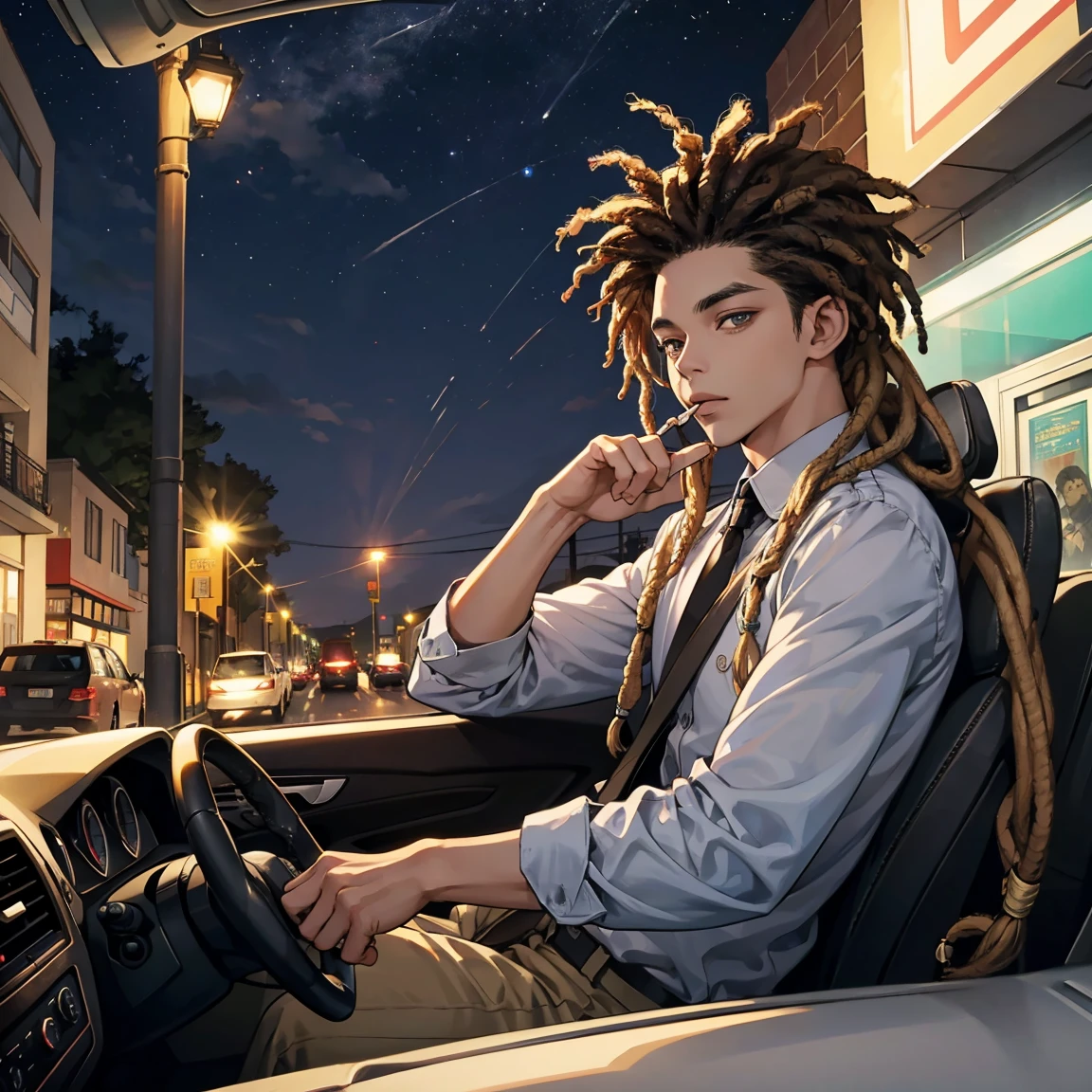 light skin guy with dreadlocks, smoking and driving at night, on a lonely street