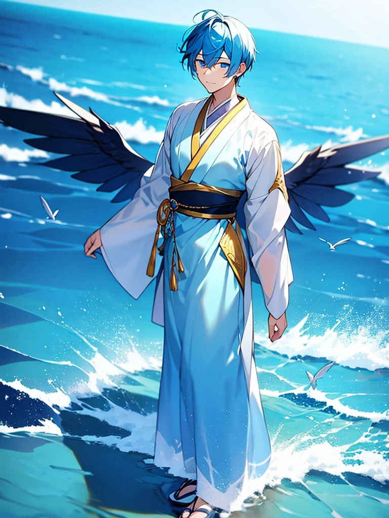 A young man with blue hair, piercing blue eyes, and blue bird wings, clear Japanese dress, blue and gold Standing and pouring into the sea ถือพัดสีดำ 3D