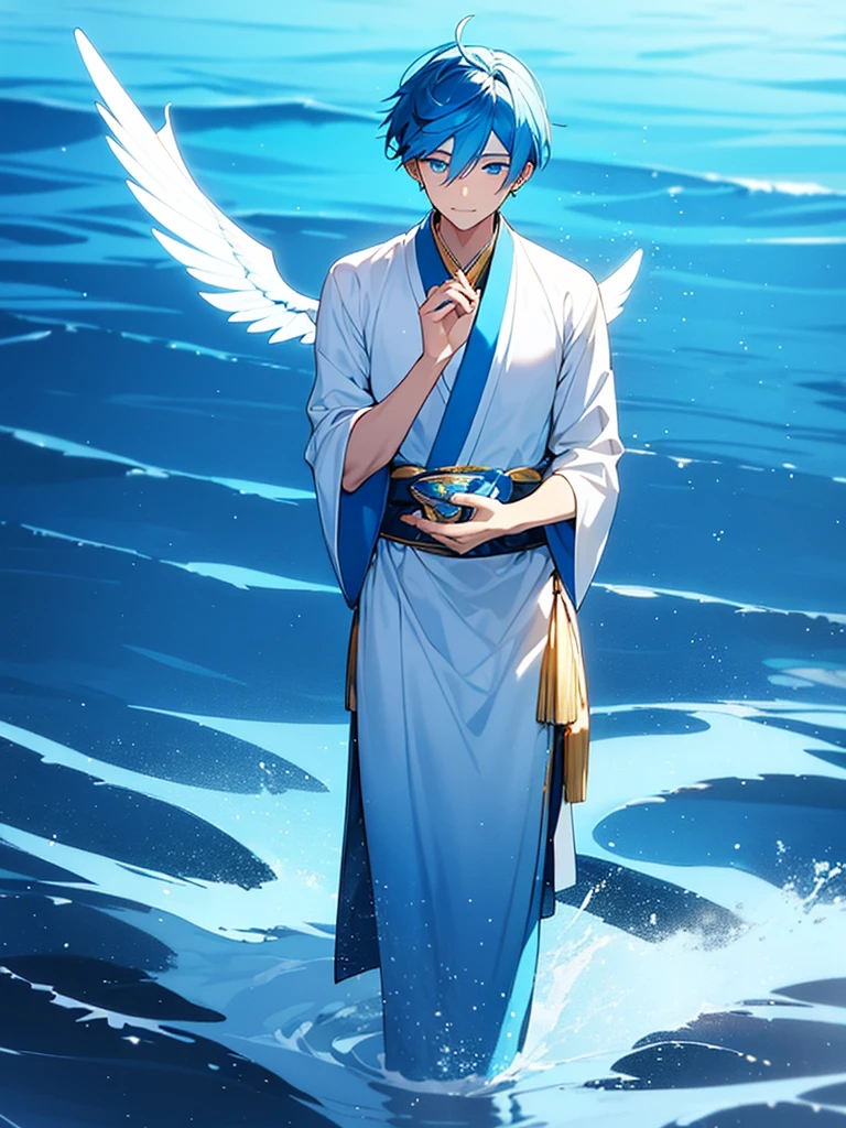 A young man with blue hair, piercing blue eyes, and blue bird wings, clear Japanese dress, blue and gold Standing and pouring into the sea ถือพัดสีดำ 3D