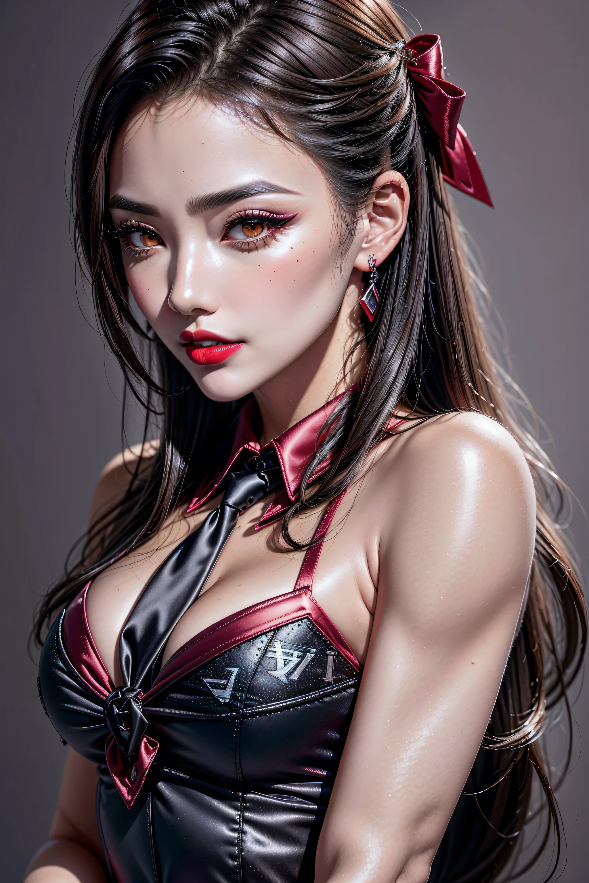 (([absurd quality],high-res,masterpiece, realism,photorealistic), Intricately detailed), portrait of a beautiful 23-year-old (woman in the office), ((business executive)), super detailed face, ultra detailed eyes, realistic skin, (textured skin, skin pores, half body shot:1.1), tan skin, long black hair, hair over one eye, brown eyes, thin eyebrows, perfect teeth, red lipstick, seductive makeup, ((Armani satin business shirt), Intricately details:1.3),(wearing red tie:1.35),small head:1.4,(ornament red ribbon on head:1.28), 16k, sharp ,natural lighting, a corporate photography,