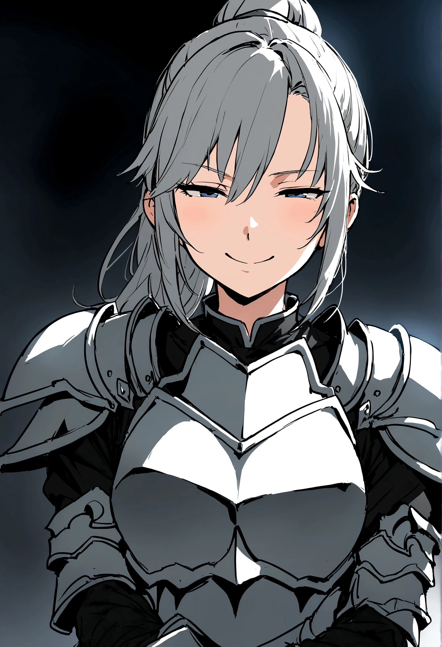 Beautiful girl knight in armor, Gray Hair, tsurime, fantastic, Face your body forward like a certificate photo, shoot from front, Ponytail, Armor Girl, beautiful female knight, Female Paladin, pale blue eyes, narrowed eyes squint, Talking mouth, upper body shot, drawing both arms, Mouth closed, eyes squinted even more, smiling face.