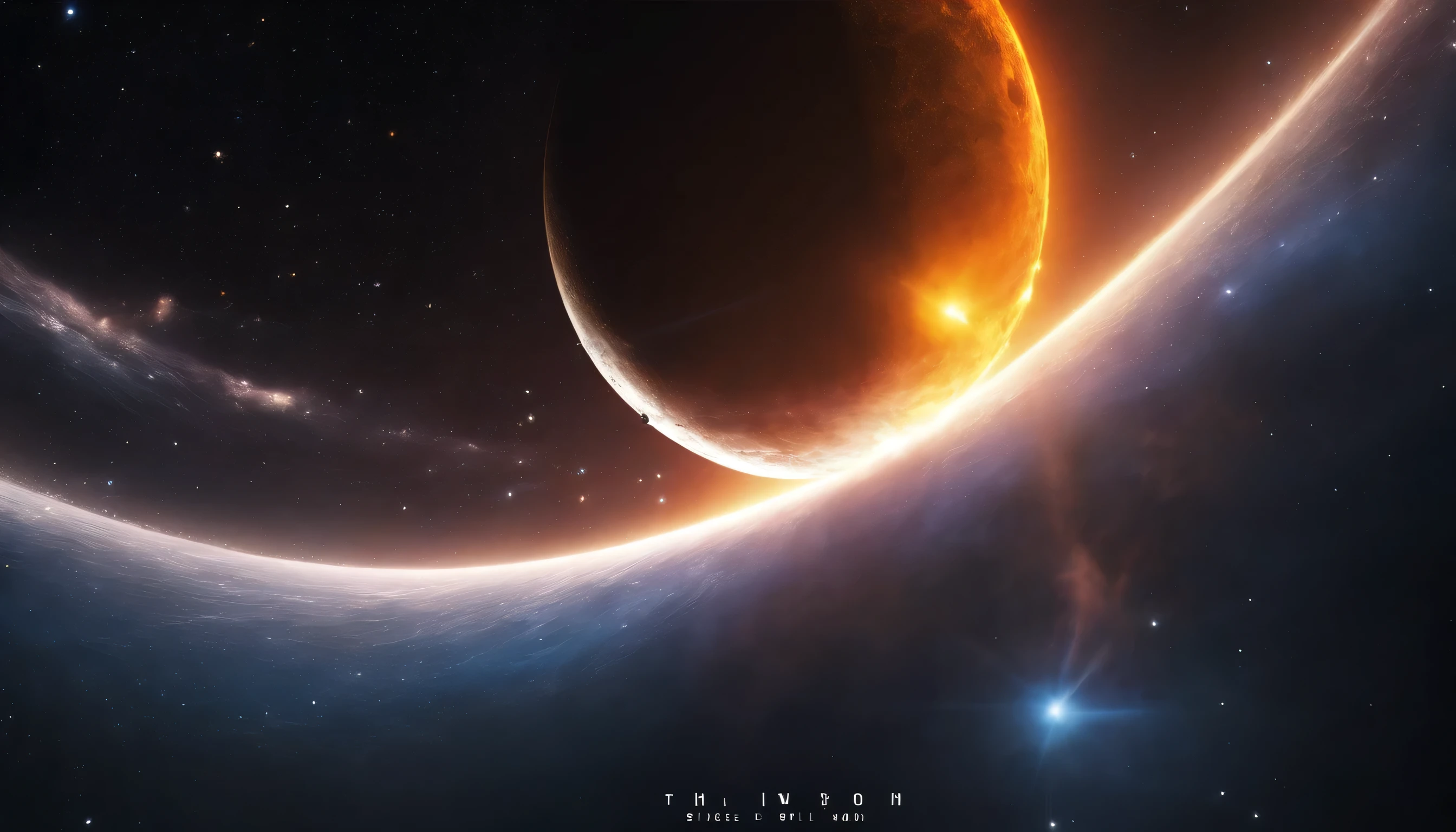 The Moon, centered, casts a dark umbra on Earth, depicting the path of totality. The Sun, in radiant oranges and yellows, forms a stunning corona effect around the Moon, all aligned casting a fading black hole sun halo in the space, orbit space vfx, exosphere, cosmic, astral, quantic, cold and warm,energy-filled epic science fiction film concept digital art by maciej kuciara and vincent di fate,1998 NASA photo, hasselblad electric camera 70mm film, skylab flashlight photography, in the style of Interstellar by Christopher Nolan