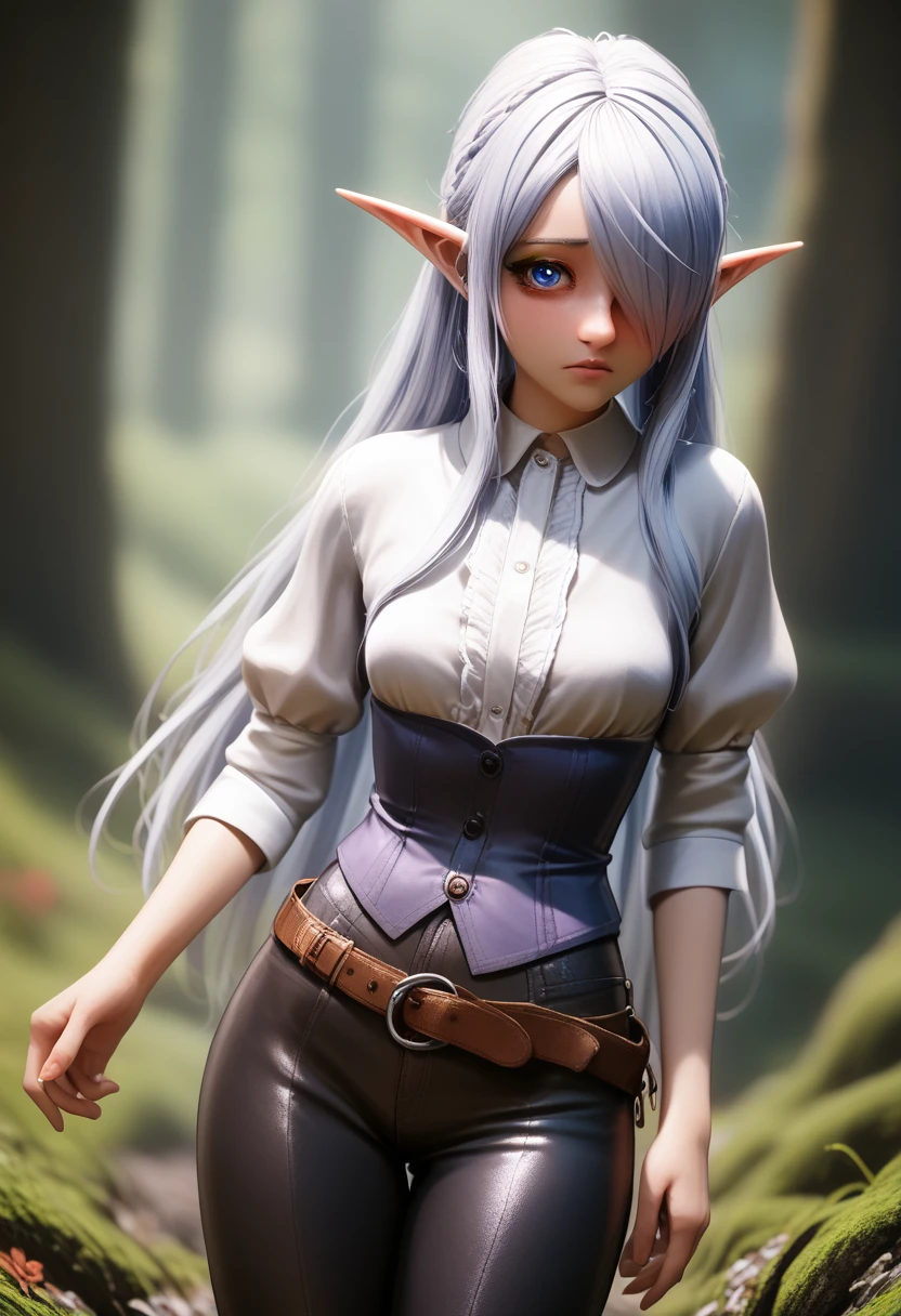 ((Best Quality)), (Masterpiece)), (Details: 1.4), Absurd Resolution, High Resolution, (Masterpiece: 1.4), Ultra Detailed, detailed gnome girl with pale skin, short stature, and very long silver hair that curls at the ends, covering one eye, with small breasts, pouty lips, and bright blue anime-style eyes with long lashes, wearing a corset, white puffy long sleeved shirt, and puffy cloth pants, leather bound boots, set in a windy fantasy landscape, (best quality,4k,8k,highres,masterpiece:1.2),ultra-detailed, dungeons and dragons, long elf ears, small girl, detailed skin and cloth textures, cute detailed face, intricate details, extremely detailed, 1girl, dynamic pose with hair covering one eye, shy personality, cloth pants with leather belt, detailed privateer outfit, detailed buccaneer outfit