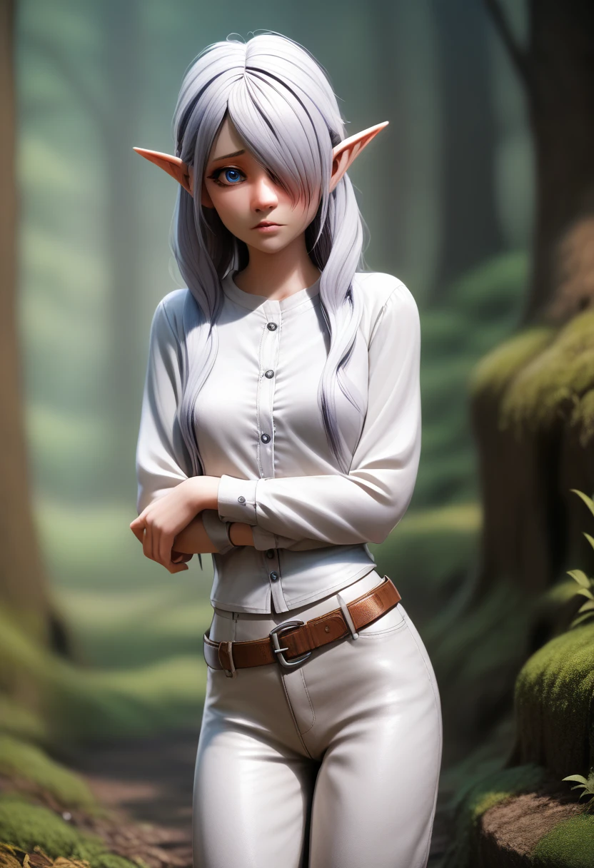 ((Best Quality)), (Masterpiece)), (Details: 1.4), Absurd Resolution, High Resolution, (Masterpiece: 1.4), Ultra Detailed, detailed gnome girl with pale skin, short stature, and very long silver hair that curls at the ends, covering one eye, with small breasts, pouty lips, and bright blue anime-style eyes with long lashes, wearing a corset, white puffy long sleeved shirt, and puffy cloth pants, leather bound boots, set in a windy fantasy landscape, (best quality,4k,8k,highres,masterpiece:1.2),ultra-detailed, dungeons and dragons, long elf ears, small girl, detailed skin and cloth textures, cute detailed face, intricate details, extremely detailed, 1girl, dynamic pose with hair covering one eye, shy personality, cloth pants with leather belt, detailed privateer outfit, detailed buccaneer outfit