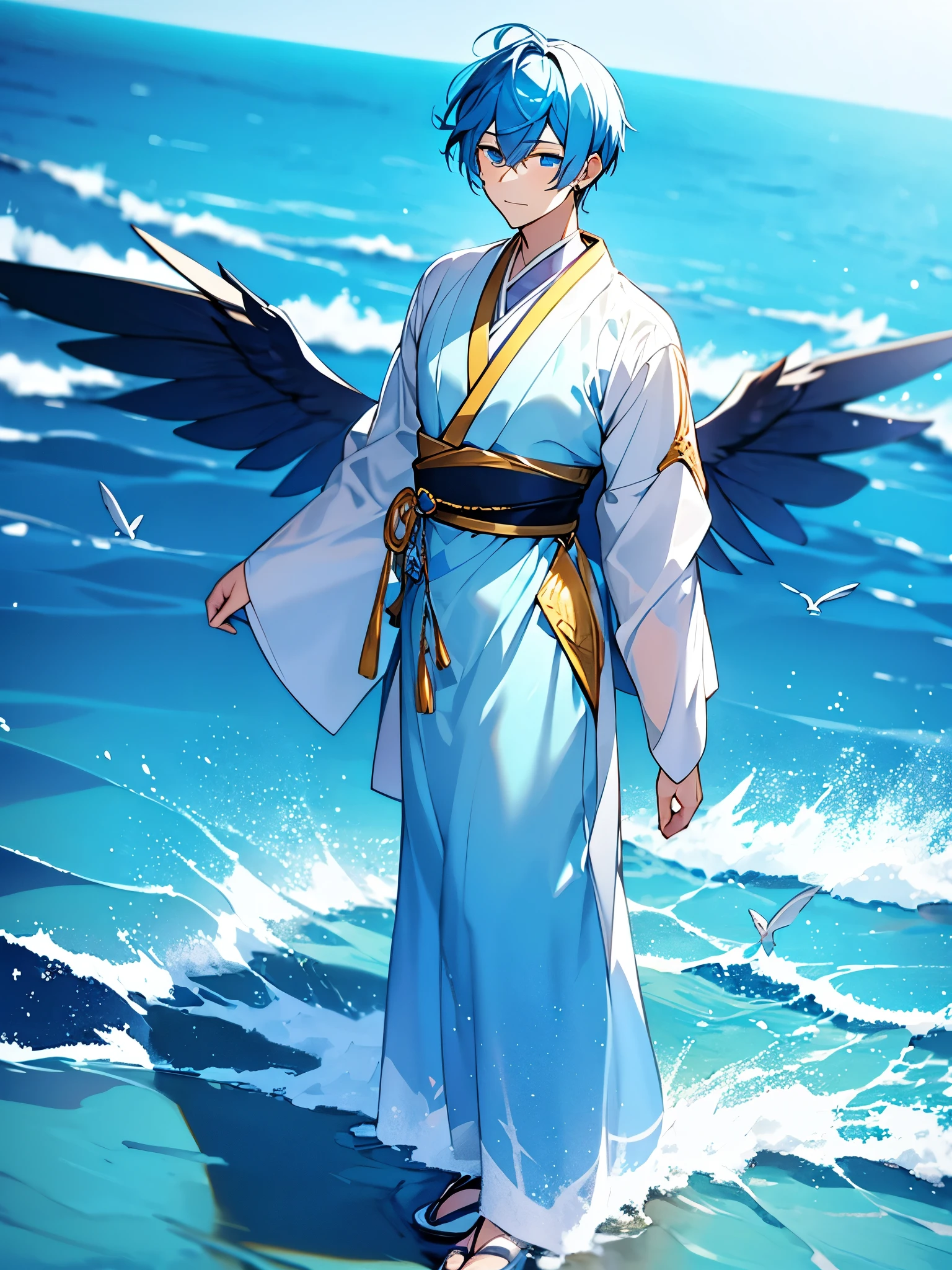 A young man with blue hair, piercing blue eyes, and blue bird wings, clear Japanese dress, blue and gold Standing and pouring into the sea ถือพัดสีดำ 3D